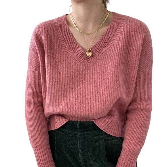 Saks Fifth Avenue Womens Pink 100% Cashmere Soft V Neck Ribbed Sweater Sz L - Picture 3 of 7